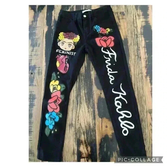 Frida Kahlo Graffiti Designed Feminist Black Jeans NWOT Waist 27 - Picture 1 of 10